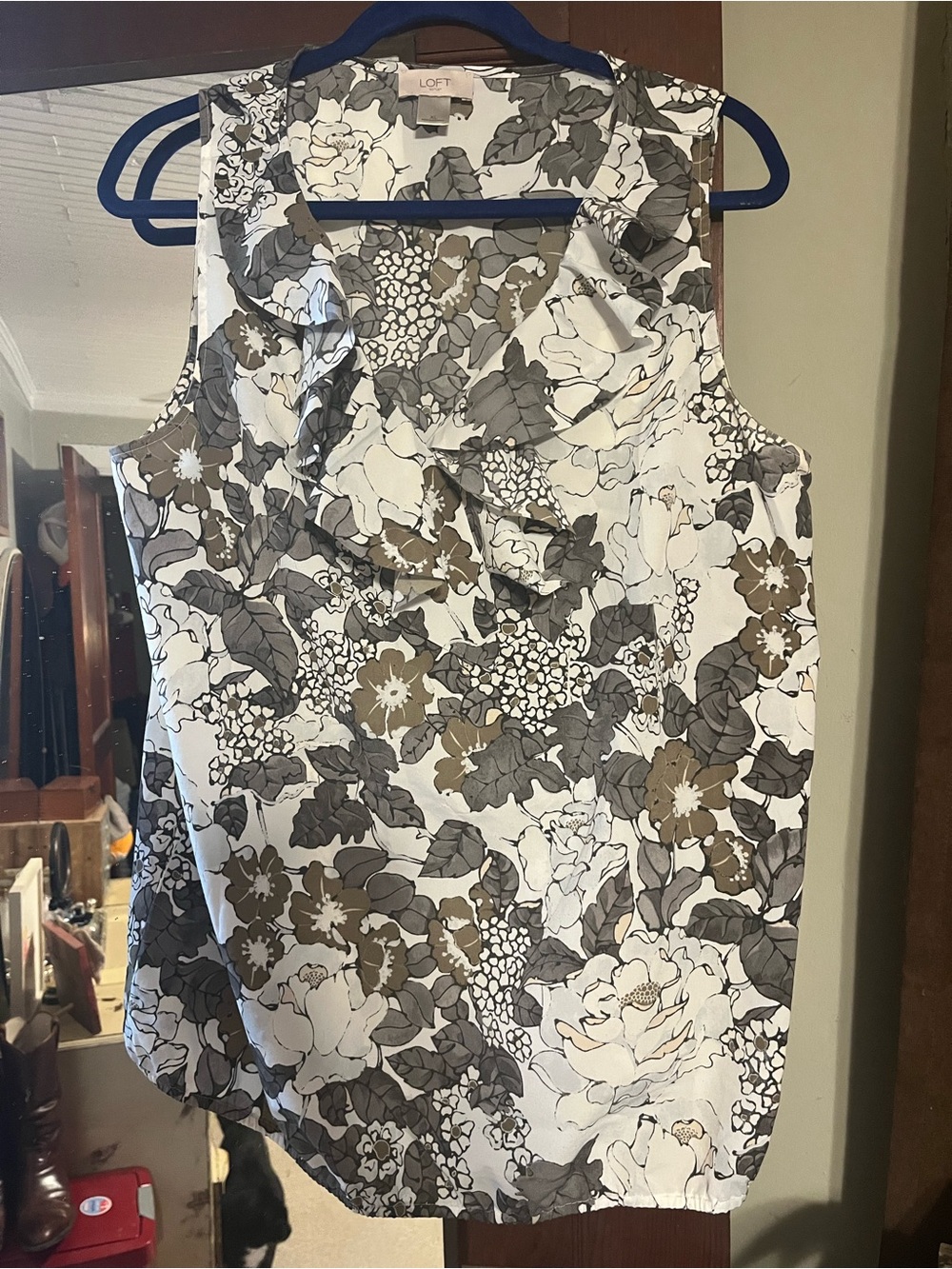 LOFT Sleeveless Floral Ruffle Blouse — White, Gray, Brown
